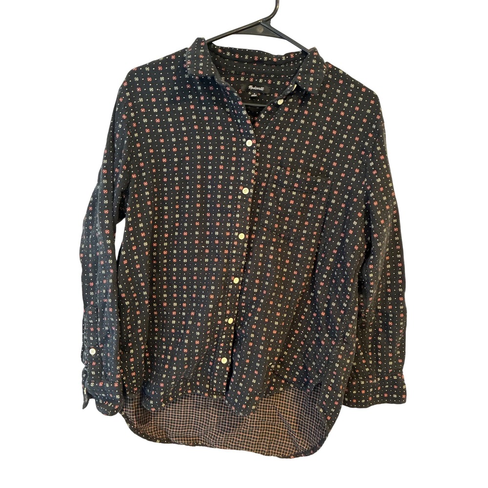 Madewell Womens S Double Cloth Button Down Shirt Black Floral Polka Dot Cotton